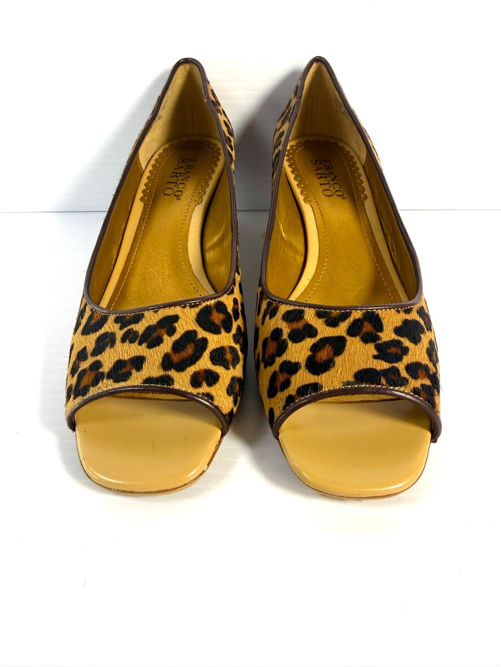 Franco Sarto Leopard Print Peep-Toe Heels - Tan/Black